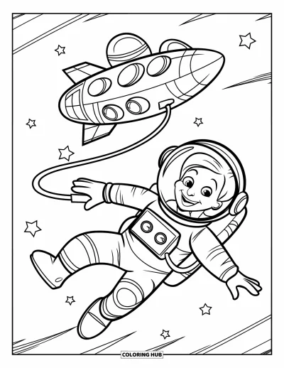 Dibujo de espacio para colorear para niños: Un explorador espacial lleno de alegría flota sin gravedad con una nave cercana