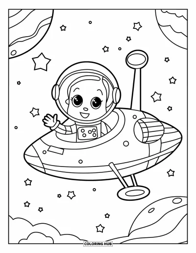 Dibujo de espacio para colorear para niños: Un pequeño astronauta se asoma por la ventana redonda de una nave espacial y saluda