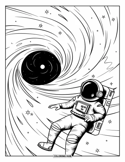 Dibujo de espacio para colorear para niños: Un astronauta perdido flota cerca del borde giratorio de un agujero negro