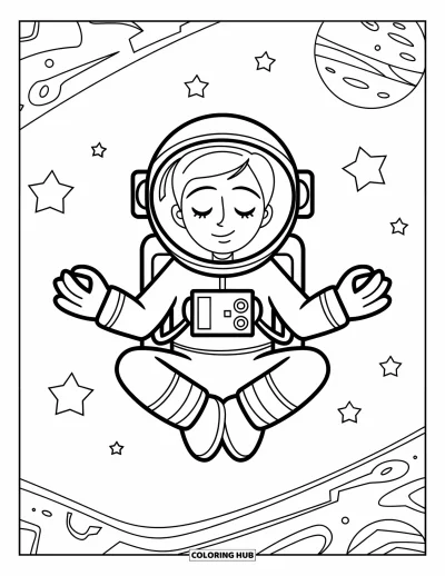 Dibujo de espacio para colorear para niños: Un astronauta en meditación flota con calma en el espacio, rodeado de estrellas