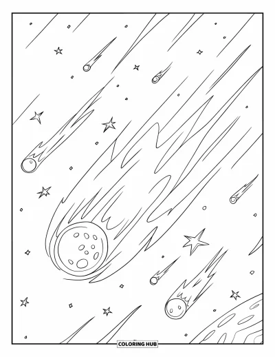 Dibujo de espacio para colorear para niños: Una lluvia de meteoros cruza el espacio dejando brillantes estelas a su paso