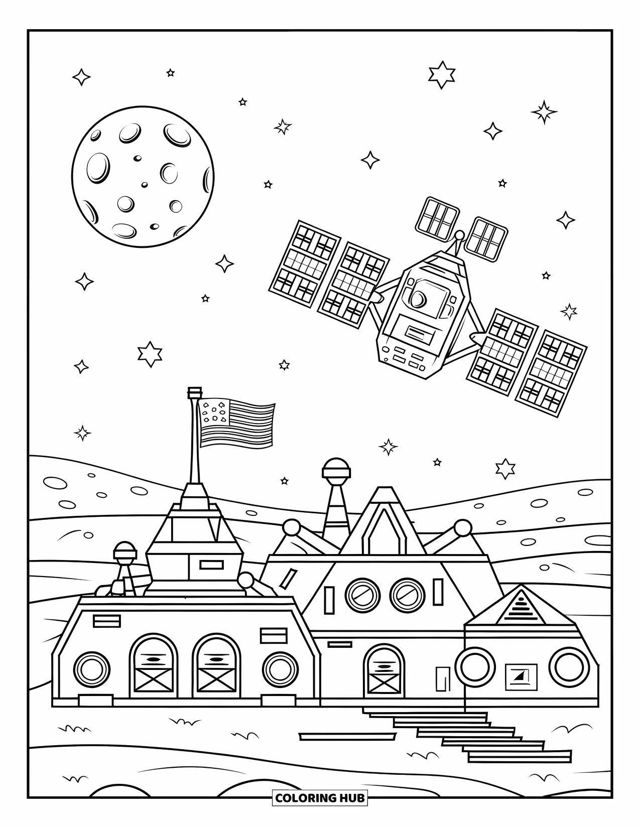 Ruimte Kleurplaat voor Kinderen: Een maanbasis met een telescoop erop en een satelliet in een baan om de aarde