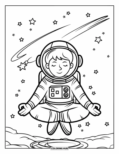 Dibujo de espacio para colorear para niños: Un astronauta tranquilo medita sin gravedad entre las estrellas