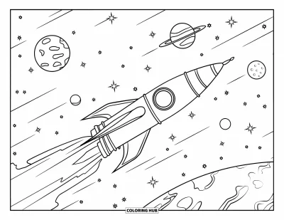 Dibujo de espacio para colorear para niños: Un cohete de estilo retro cruza a gran velocidad junto a planetas lejanos en el espacio profundo