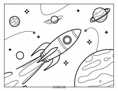 Dibujo de espacio para colorear para niños: Un cohete pasa a toda velocidad junto a planetas extraños, zigzagueando entre las estrellas