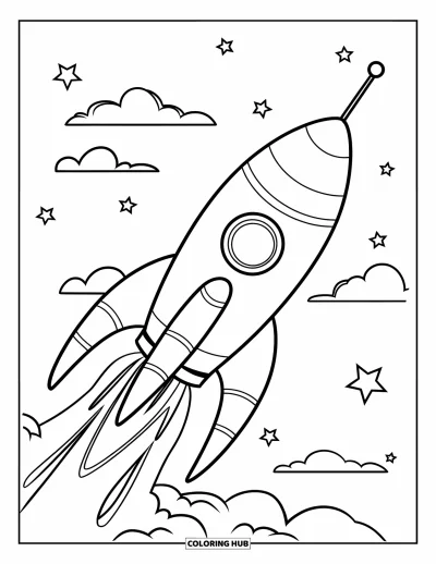 Dibujo de espacio para colorear para niños: Un cohete redondo con grandes motores despega junto a estrellas centelleantes