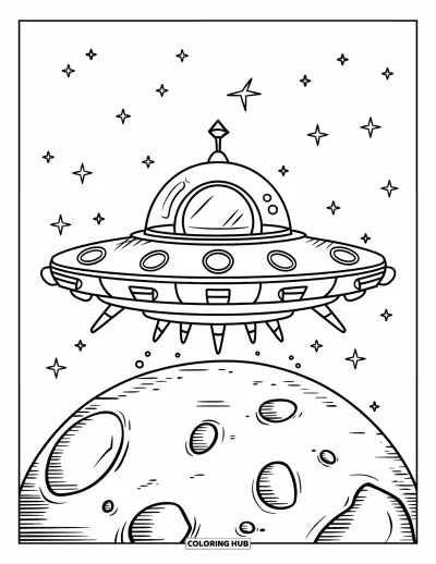 Dibujo de espacio para colorear para niños: Un OVNI redondo con una gran ventana se desliza sobre un planeta rocoso