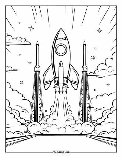 Dibujo de espacio para colorear para niños: Un cohete estilizado se eleva desde una plataforma de lanzamiento dejando una estela de fuego