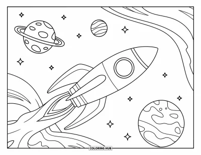 Dibujo de espacio para colorear para niños: Un cohete estilizado cruza junto a planetas y lunas, dejando una estela de humo