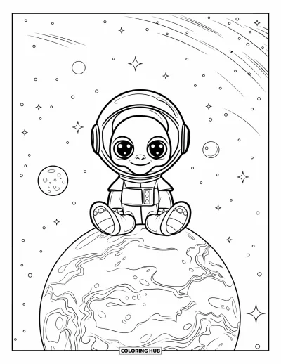 Dibujo de espacio para colorear para niños: Un pequeño alienígena con casco saluda desde un planeta en miniatura entre las estrellas