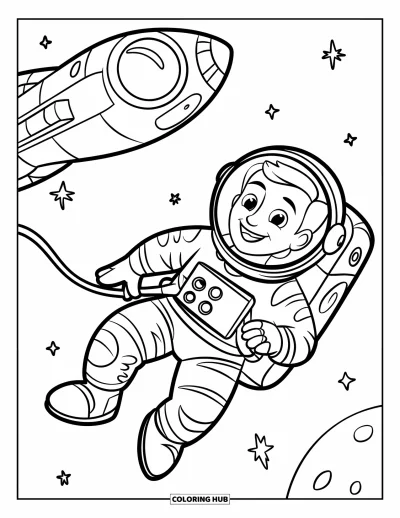 Dibujo de espacio para colorear para niños: Un astronauta sonriente flota en gravedad cero, conectado a una nave