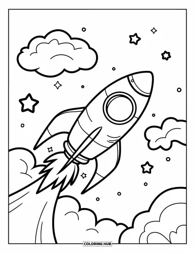 Dibujo de espacio para colorear para niños: Un cohete sonriente despega hacia el espacio, rodeado de nubes esponjosas