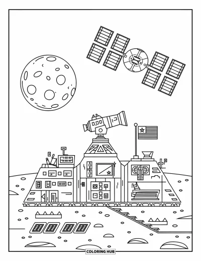 Dibujo de espacio para colorear para niños: Una base espacial con telescopio y bandera, rodeada de cráteres