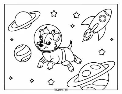 Dibujo de espacio para colorear para niños: Un perro espacial con casco de astronauta flota de forma juguetona en el espacio