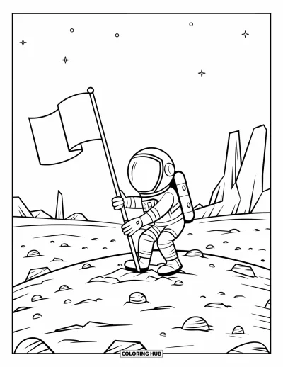 Dibujo de espacio para colorear para niños: Un explorador espacial planta con orgullo una bandera en un planeta misterioso