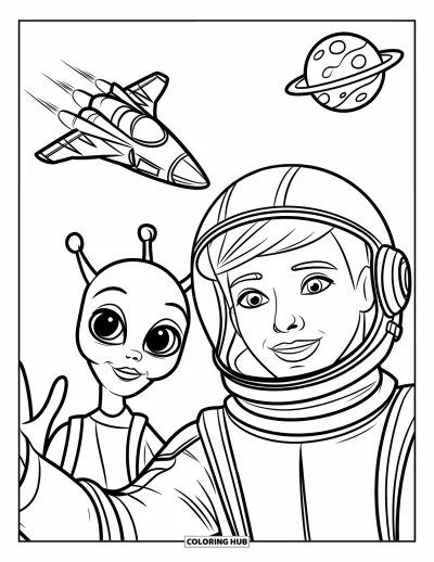 Dibujo de espacio para colorear para niños: Un explorador espacial se toma una selfi con un alienígena amigable