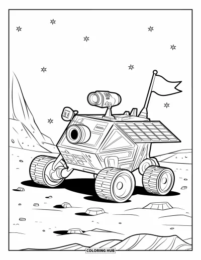 Dibujo de espacio para colorear para niños: Un rover espacial avanza por un paisaje alienígena rocoso bajo un cielo estrellado