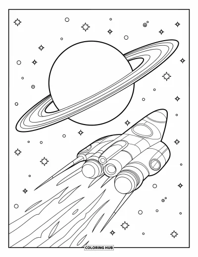 Dibujo de espacio para colorear para niños: Una nave espacial pasa a toda velocidad junto a un enorme planeta con anillos en el espacio profundo
