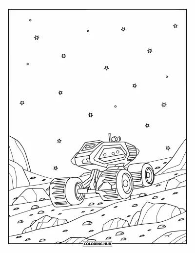 Dibujo de espacio para colorear para niños: Un robusto rover espacial de ruedas grandes avanza por un planeta rocoso