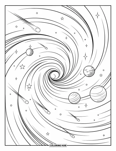 Dibujo de espacio para colorear para niños: Una galaxia giratoria llena de planetas y estrellas fugaces que dejan estelas