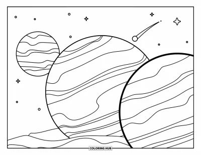 Dibujo de espacio para colorear para niños: Un trío de planetas detallados flota en el espacio con una estrella fugaz brillante