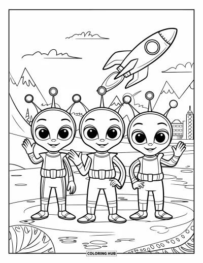 Dibujo de espacio para colorear para niños: Un trío de alienígenas felices recibe a una nave espacial que aterriza en su mundo