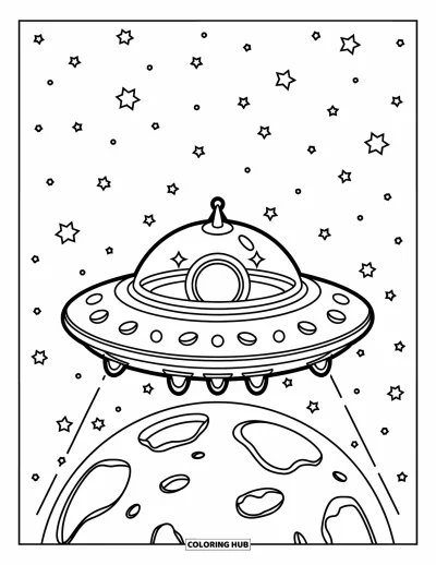 Dibujo de espacio para colorear para niños: Un OVNI se cierne sobre un planeta lleno de cráteres bajo un cielo estrellado