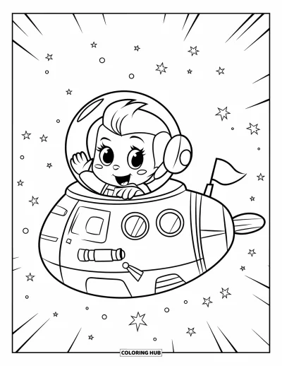 Dibujo de espacio para colorear para niños: Un astronauta saludando va sentado dentro de una nave con botones y una bandera