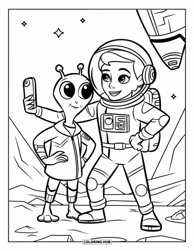 Dibujo de espacio para colorear para niños: Un astronauta y un alienígena de ojos muy abiertos posan para una divertida selfi en el espacio