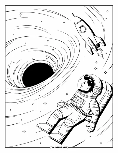 Dibujo de espacio para colorear para niños: Un astronauta flota sin poder controlarse cerca de la poderosa atracción de un agujero negro