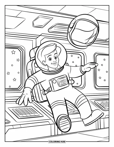 Dibujo de espacio para colorear para niños: Un astronauta flota sin gravedad e intenta atrapar su casco que se aleja