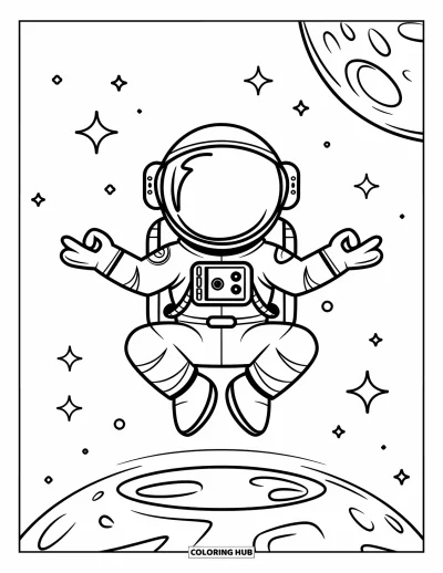 Dibujo de espacio para colorear para niños: Un astronauta levita en paz mientras medita en el espacio profundo