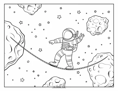 Dibujo de espacio para colorear para niños: Un astronauta camina por una cuerda floja entre dos asteroides en el espacio profundo