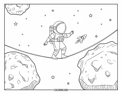 Dibujo de espacio para colorear para niños: Un astronauta camina sobre una cuerda espacial entre dos asteroides flotantes