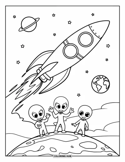 Dibujo de espacio para colorear para niños: Unos alienígenas emocionados observan cómo una nave espacial aterriza en su planeta