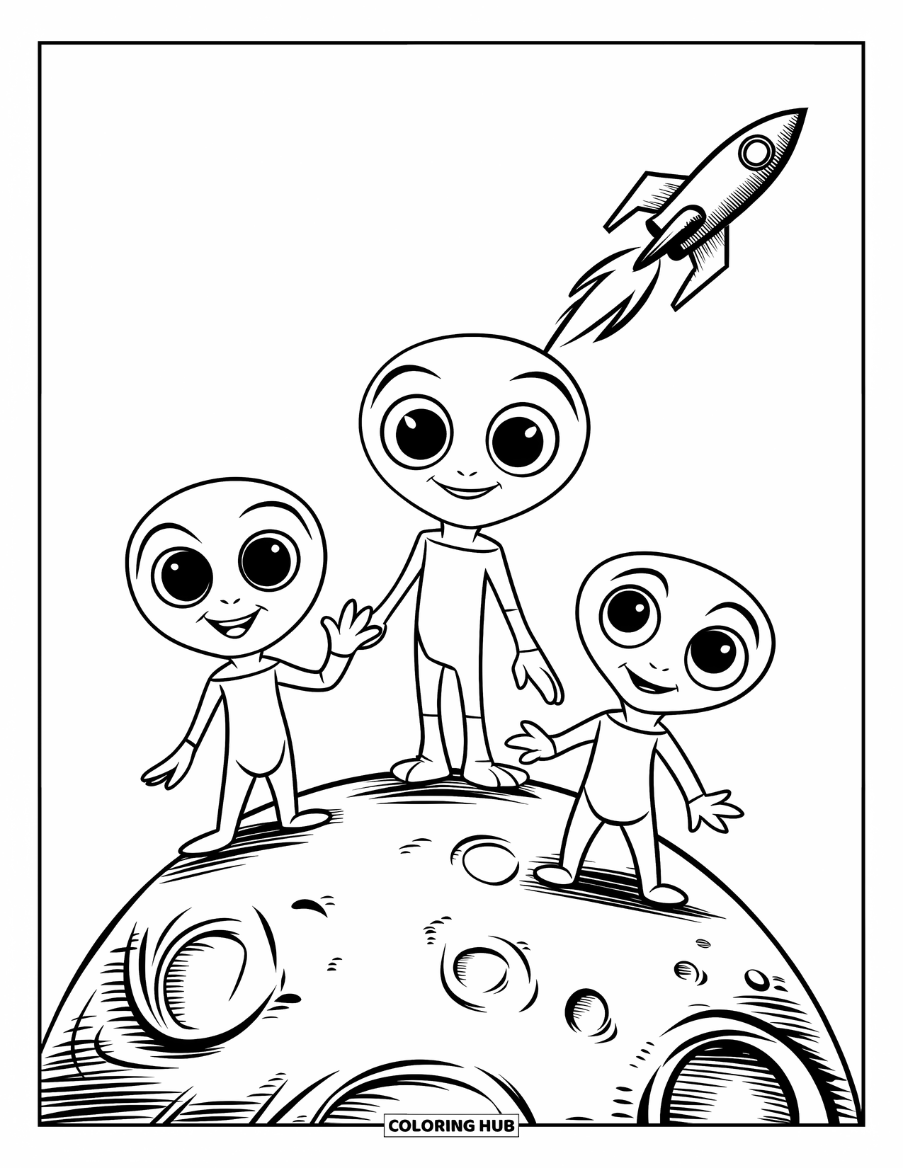 Ruimte Kleurplaat voor Kinderen: Drie vriendelijke aliens zwaaien naar een naderende raket op hun thuisplaneet