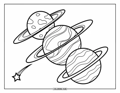Dibujo de espacio para colorear para niños: Tres planetas grandes y una pequeña estrella fugaz flotan en el espacio profundo
