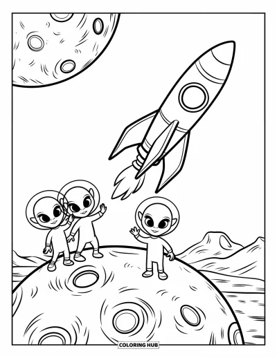 Dibujo de espacio para colorear para niños: Tres alienígenas juguetones saludan a un cohete que vuela por el espacio