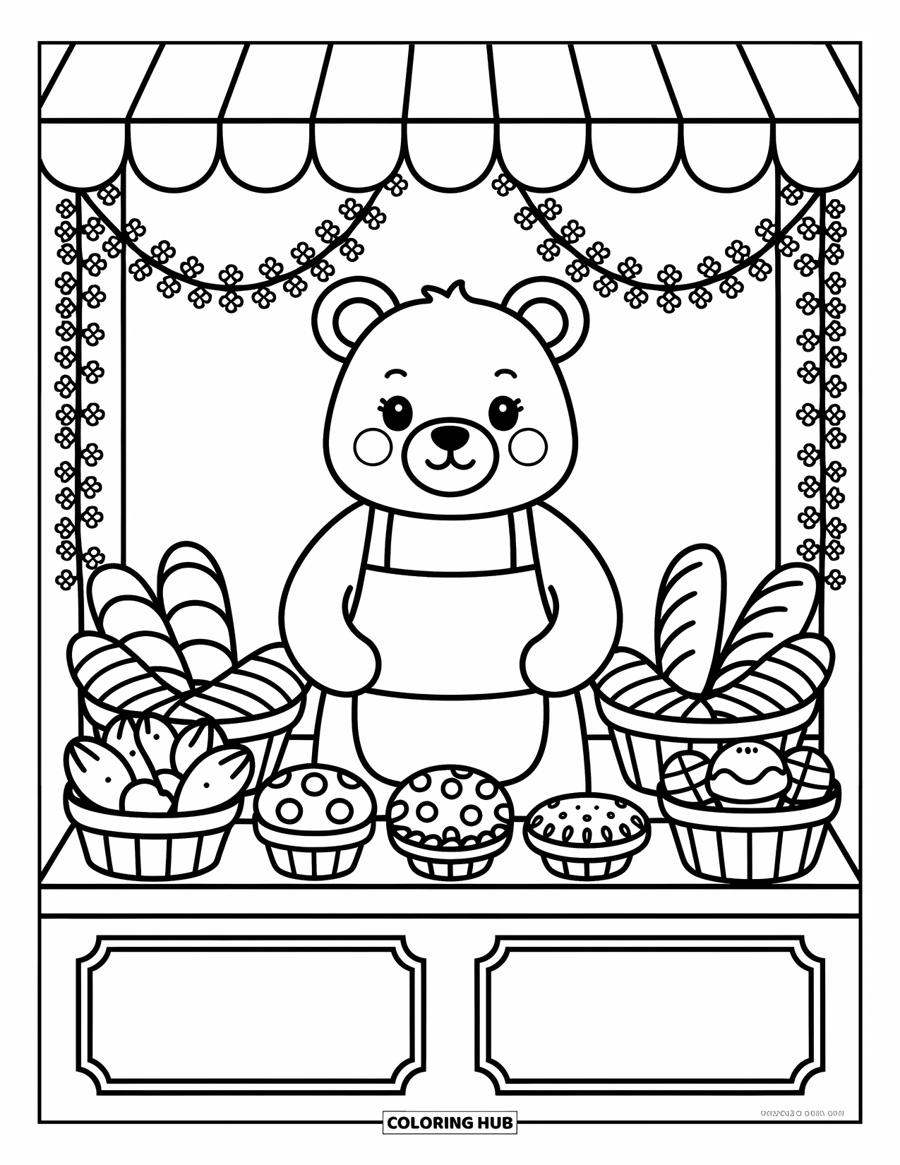 Desenho de primavera para colorir para adultos: Um urso de avental cuida de uma barraca de padaria cheia de pão e doces quentes