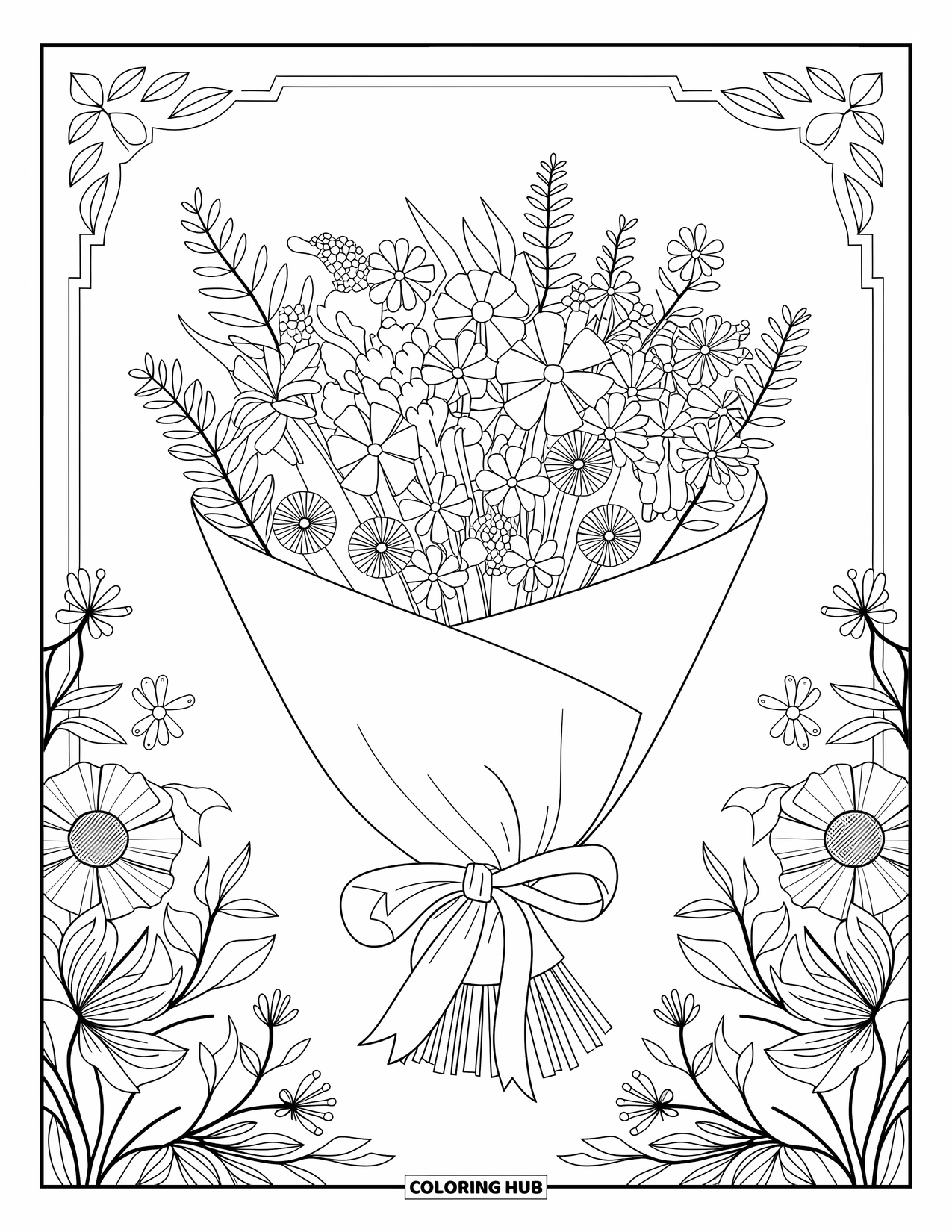 Desenho de primavera para colorir para adultos: Um buquê lindamente detalhado de flores da primavera amarrado com uma fita e cercado por padrões suaves