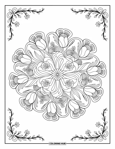 Spring Coloring Page for Adults: A beautifully detailed floral mandala with swirling vines, roses, tulips, and daffodils