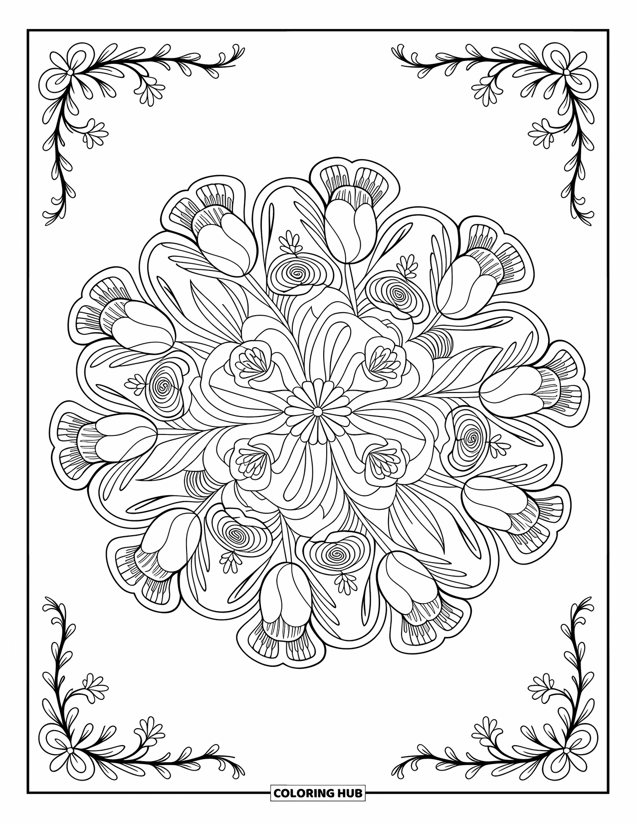 Desenho de primavera para colorir para adultos: Uma mandala floral lindamente detalhada com vinhas rodopiantes, rosas, tulipas e narcisos