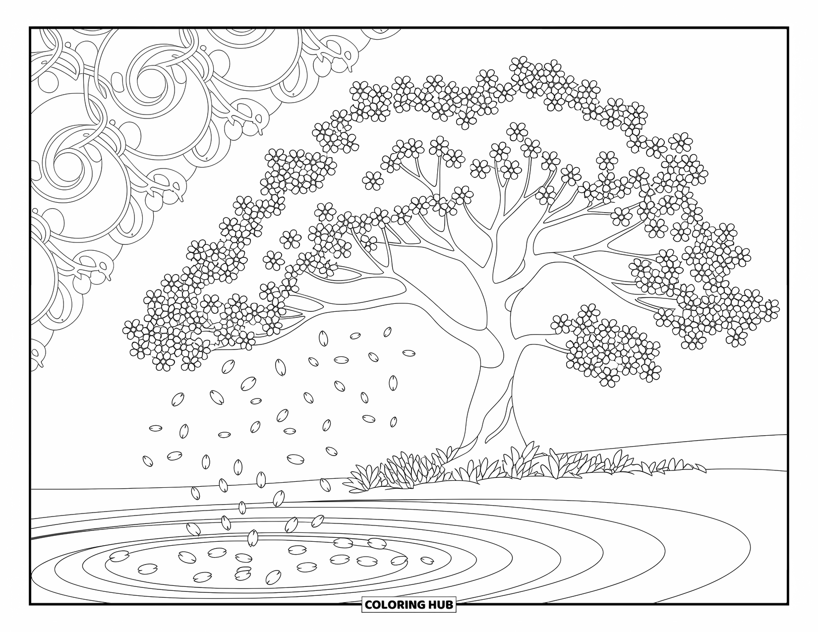 Desenho de primavera para colorir para adultos: Uma cerejeira em flor com pétalas delicadas caindo na superfície da água
