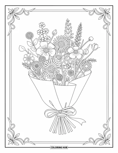 Spring Coloring Page for Adults: A bouquet of spring flowers wrapped in paper, tied with a ribbon, and surrounded by delicate vines