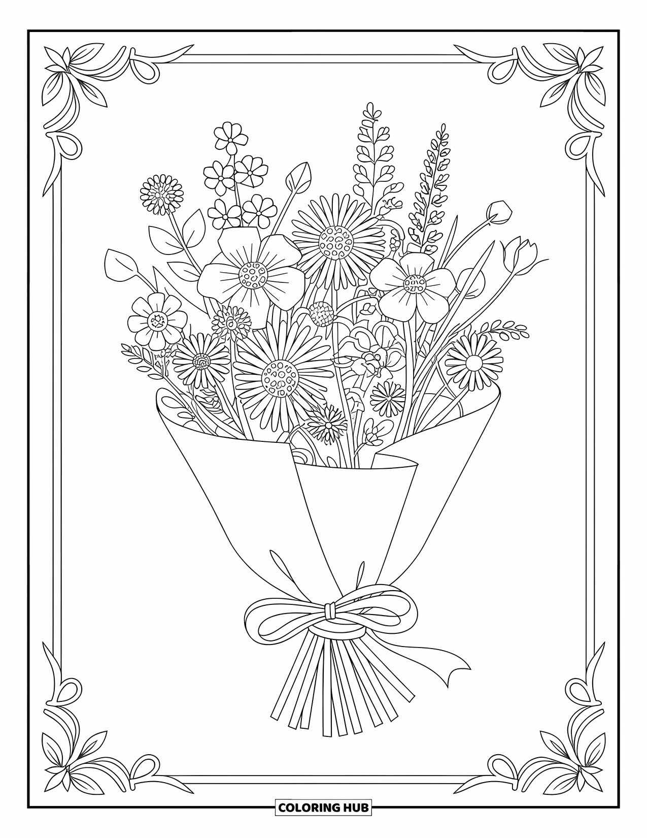 Desenho de primavera para colorir para adultos: Um buquê de flores da primavera embrulhado em papel, amarrado com uma fita e cercado por vinhas delicadas