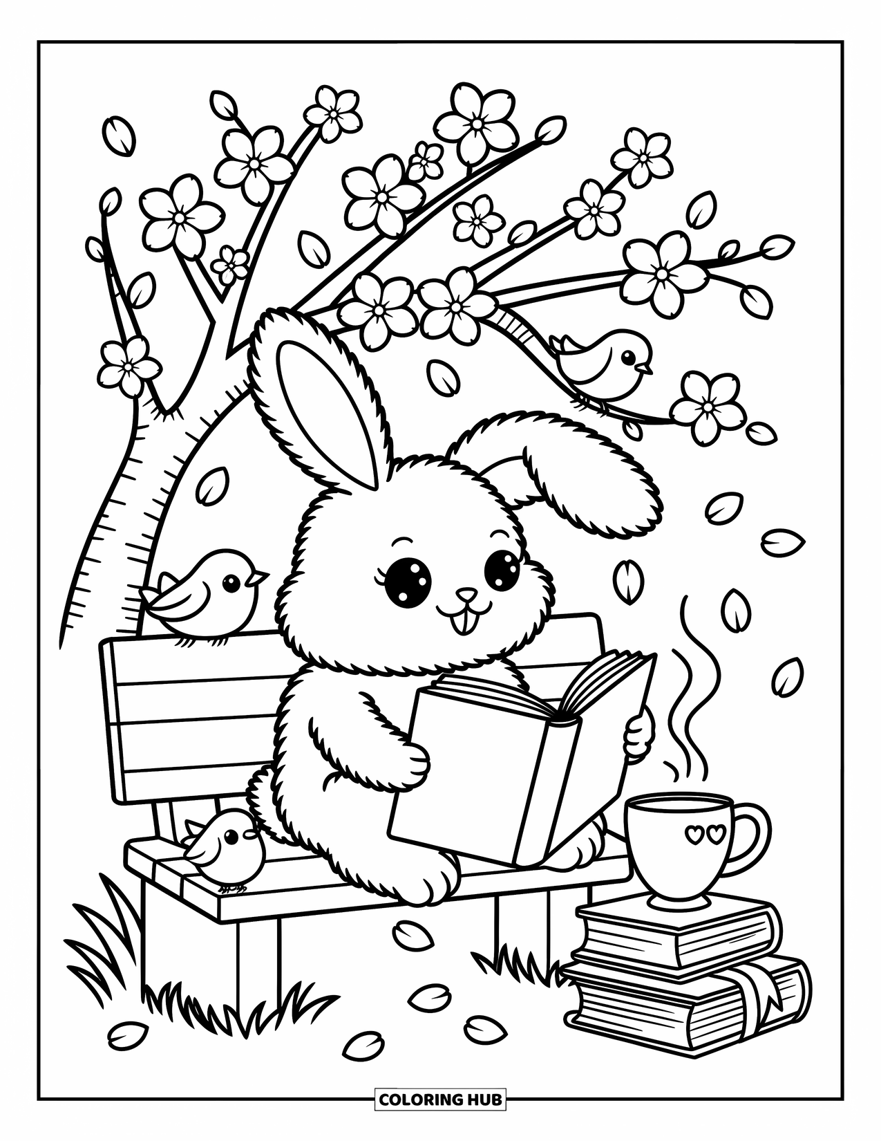 Desenho de primavera para colorir para adultos: Um coelho desfruta de um livro em um banco de madeira, cercado por flores de cerejeira suaves