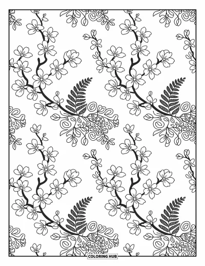 Spring Coloring Page for Adults: A calming floral mandala with delicate cherry blossoms, ferns, and soft, swirling elements