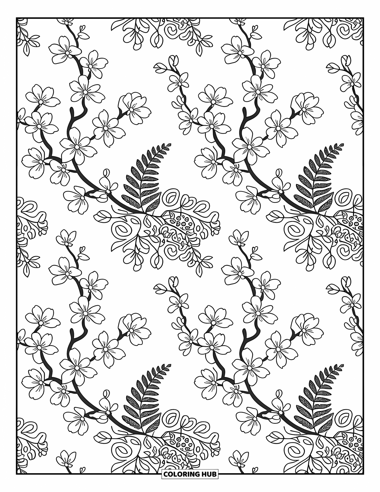 Desenho de primavera para colorir para adultos: Uma mandala floral calmante com delicadas flores de cerejeira, samambaias e elementos suaves e rodopiantes