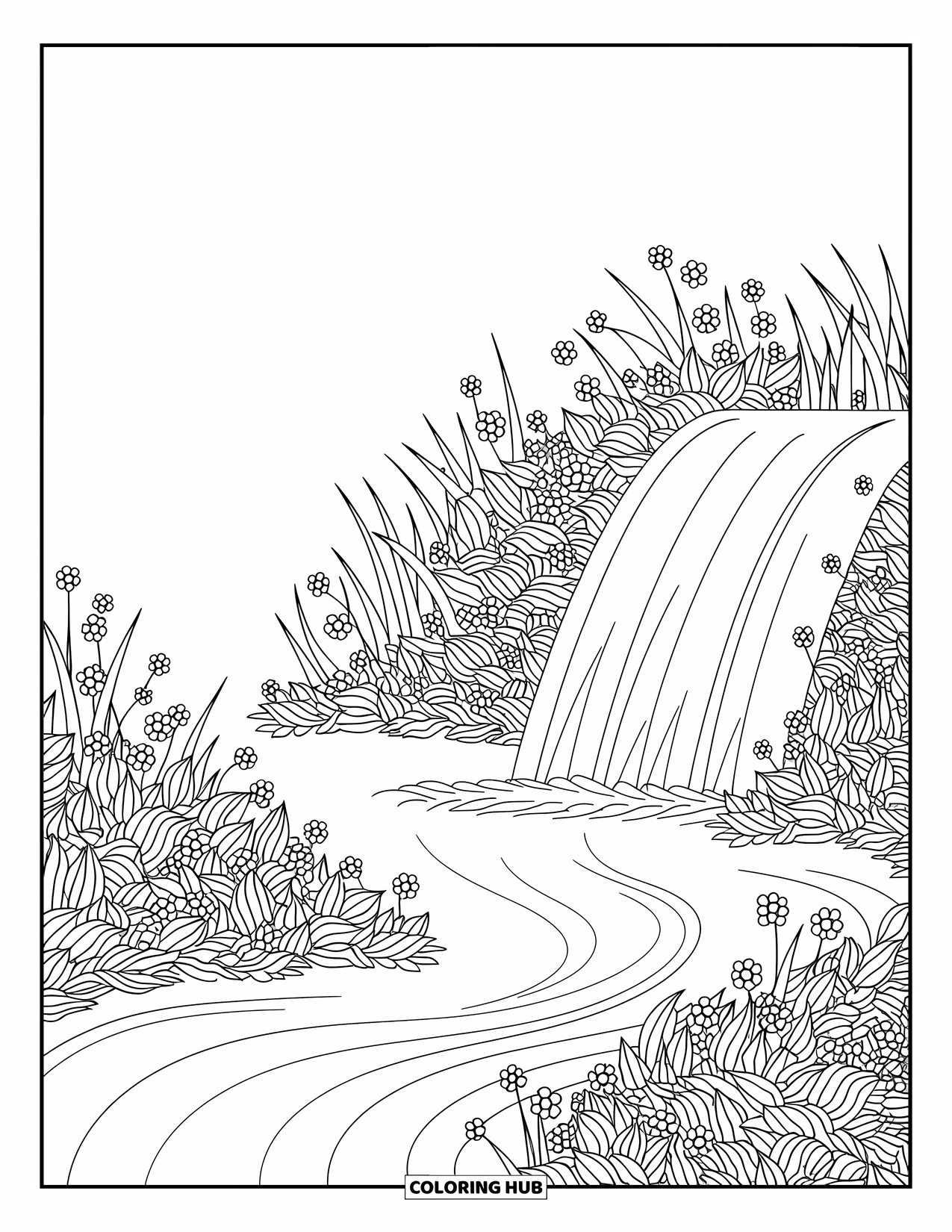 Desenho de primavera para colorir para adultos: Uma cachoeira em cascata fluindo para um riacho tranquilo, cercada por grama alta e flores silvestres