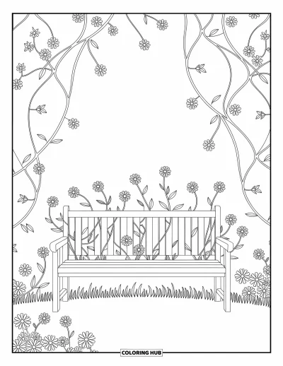 Spring Coloring Page for Adults: A charming bench in a tranquil forest, surrounded by twisting vines and delicate flowers